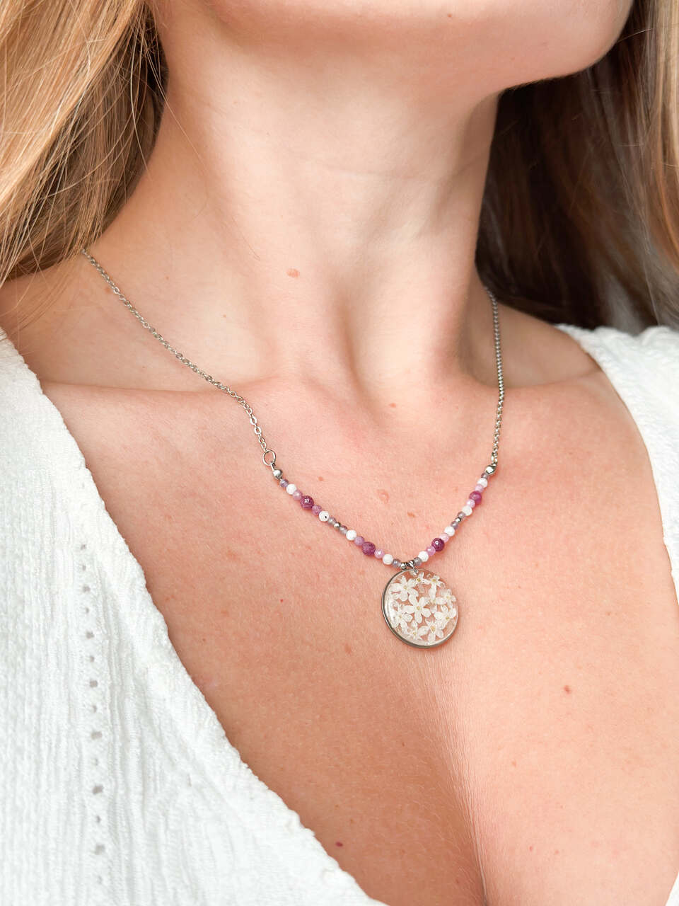 Naszyjnik z kamieniami naturalnymi - kamień księżycowy, rubin - obrazek 2