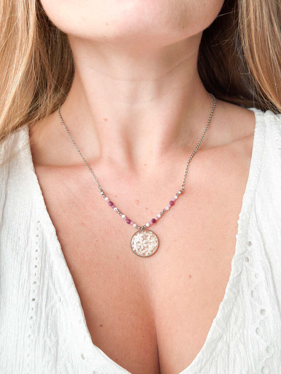 Naszyjnik z kamieniami naturalnymi - kamień księżycowy, rubin