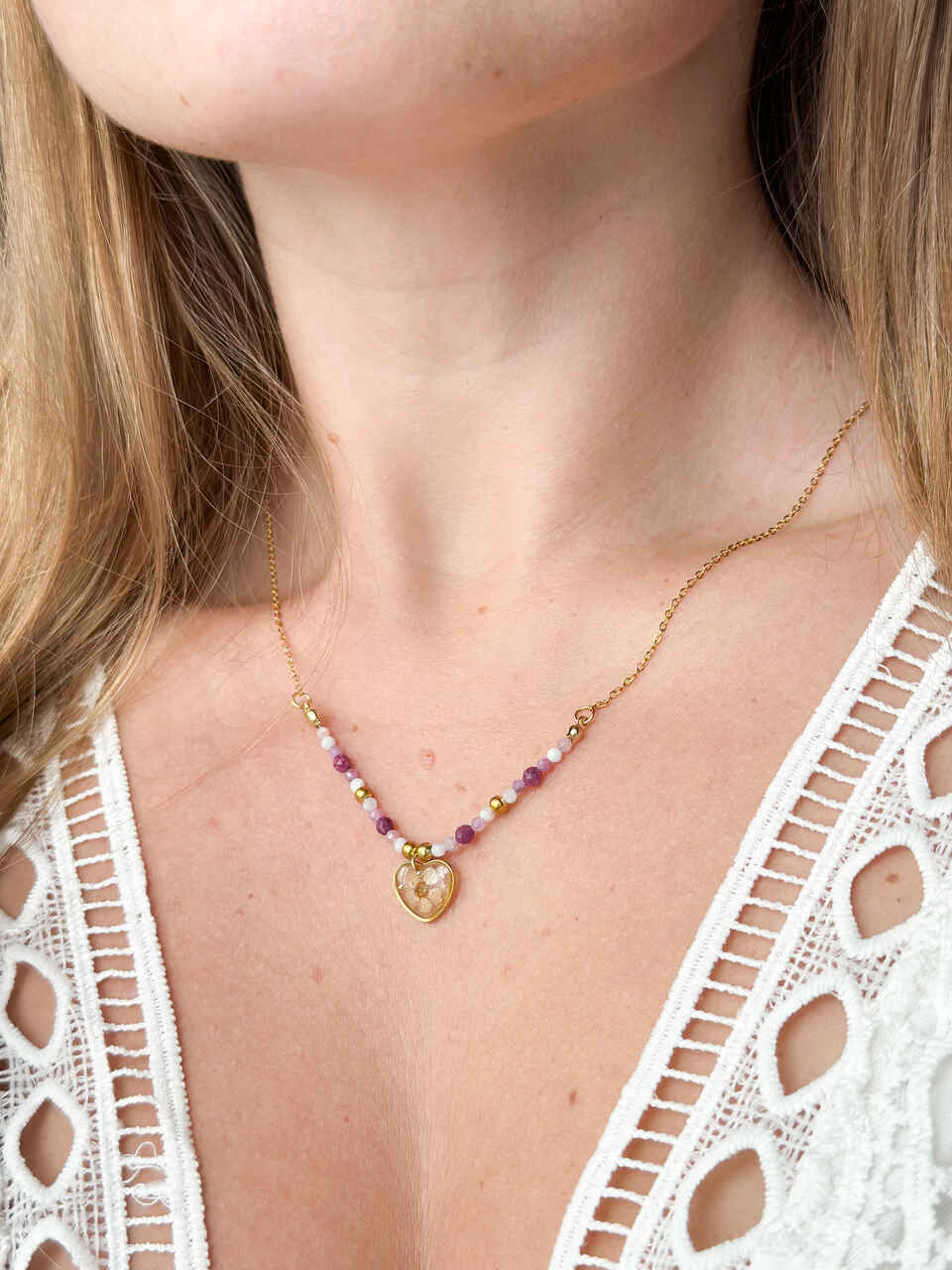 Naszyjnik z kamieniami naturalnymi - rubin, rubelit,  kamień księżycowy